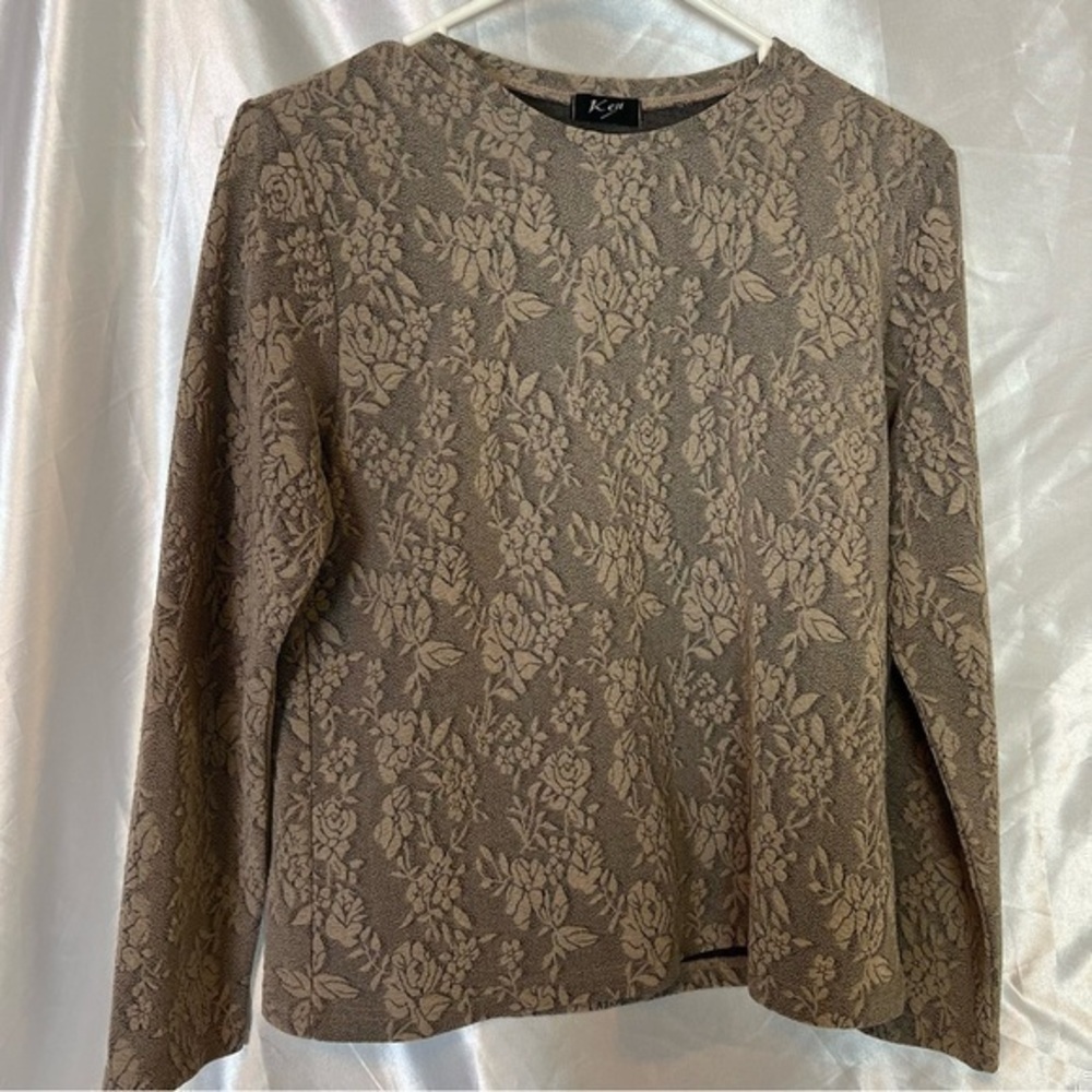 Vintage Y2K Tan Floral Long Sleeve Stretch Knit Top Retro Chic